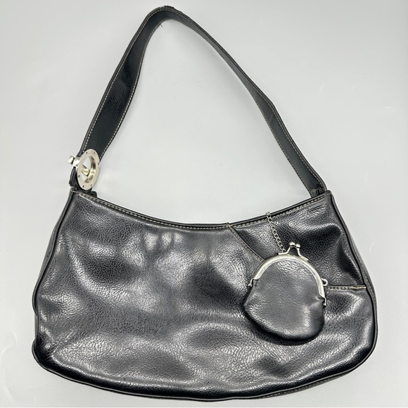 Handbags - Vintage-Style Black Shoulder Bag with Coin Purse Faux Leather Vinyl | Pre-Owned